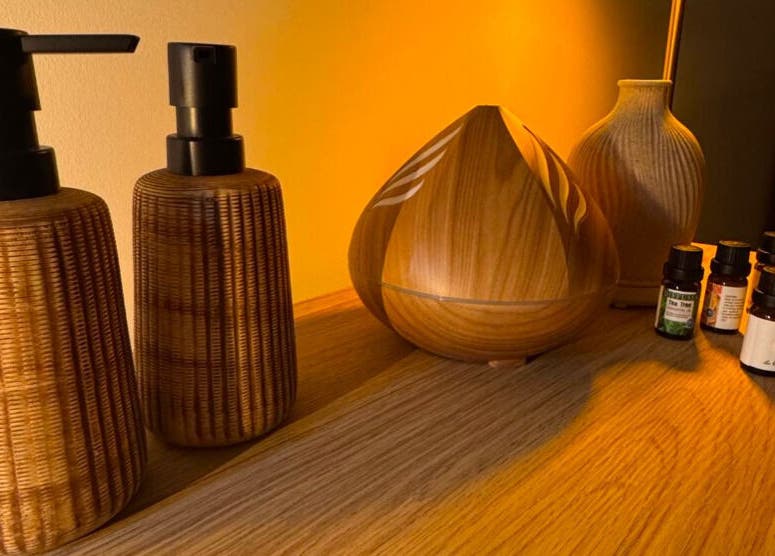 Peaceful aromatherapy setup at Clear Canvas Tattoo Removal in Peterhead, Scotland, GB.