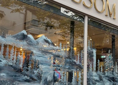 Stunning winter-themed mural on Amy Nicole storefront in Neath, Wales, GB, showcasing nature and wildlife.