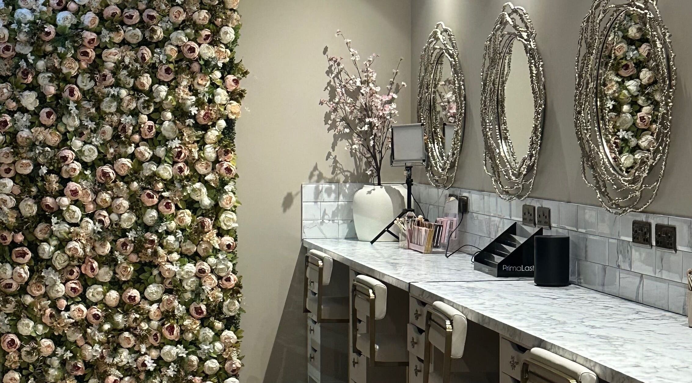 Elegant beauty station with floral decor at Amy Nicole, Neath, Wales, GB.