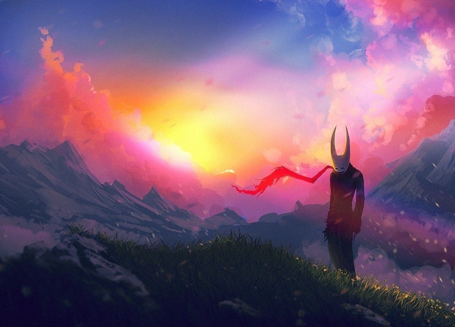 Fantasy figure stands against a vivid sunset sky near mountains at HaTest, ZW.