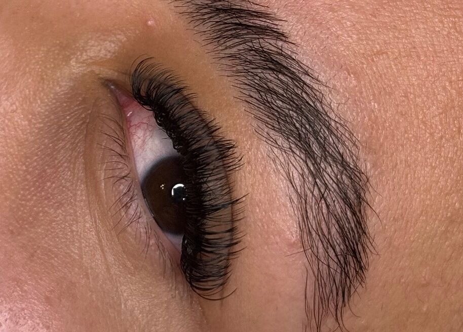 Close-up of eyelash extensions at Gloomskin Studio, Texas, Texas, US.