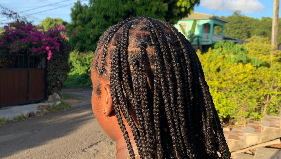 Intricate braids at Destiny’s Designs, Grande-Riviere, Gros Islet, LC, showcasing expert styling in a serene setting.