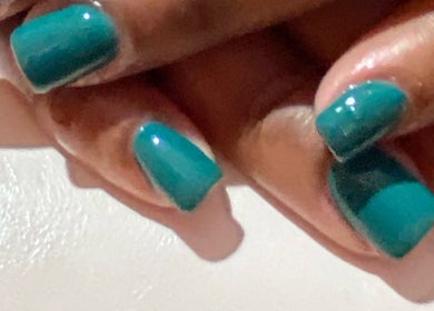 Close-up of teal manicure at Paity’s Nails, Portmore, St. Catherine Parish, JM.