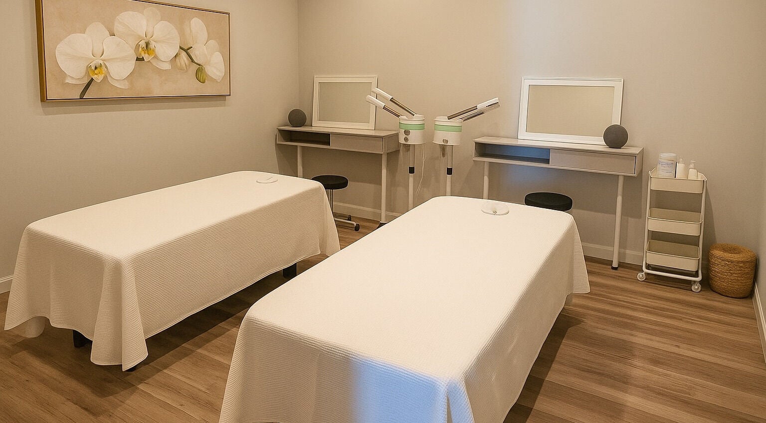 Tranquil massage room at Rainbow Spa, Las Vegas, Nevada, US. Twin tables with soft lighting and elegant decor.