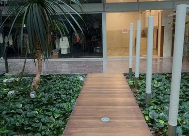 Modern entrance to Tsek Hair Studio, Opfikon, Zürich, CH, featuring lush greenery and stylish decor.