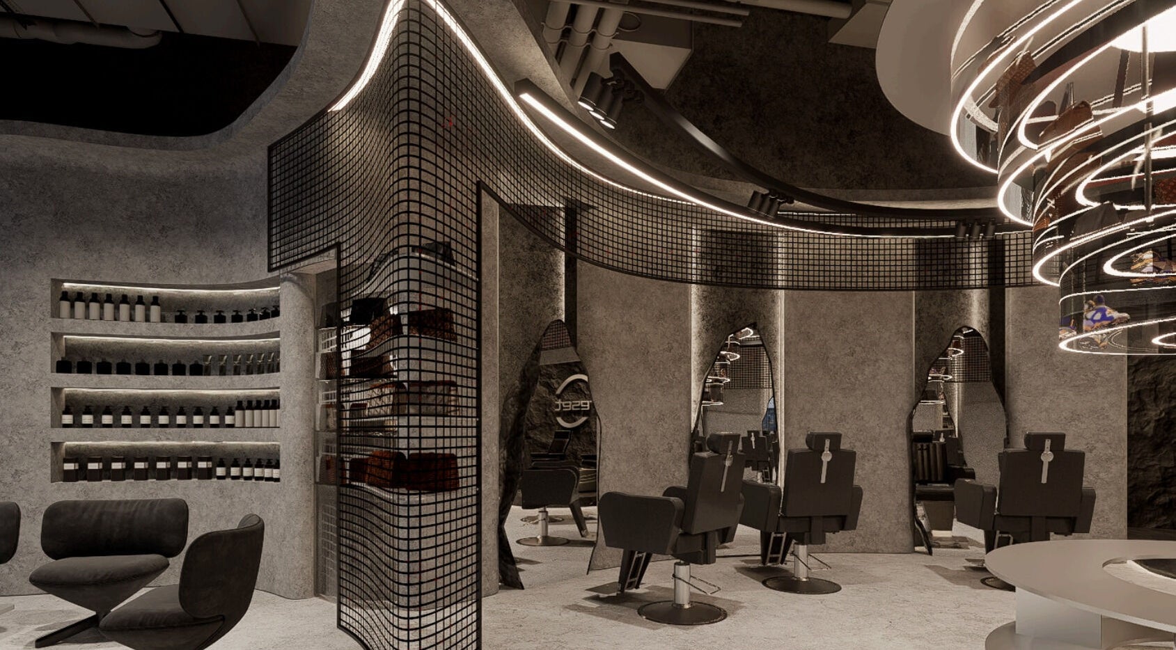 Sleek interior of Reset Barbershop, Dubai, Dubai, AE showcasing modern chairs and lighting.