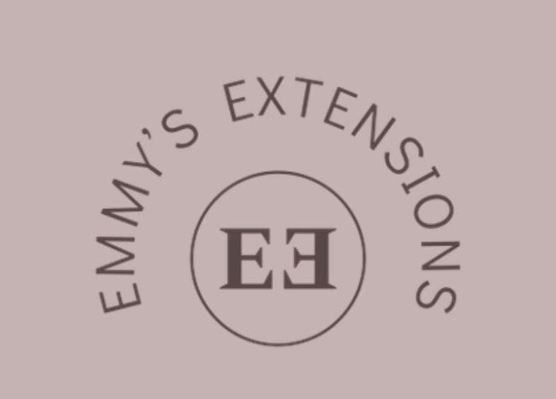 Emmys Extensions logo on pink background at Garforth, England, GB showcasing elegance and style.