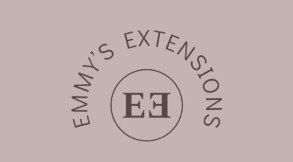 Emmys Extensions logo on pink background at Garforth, England, GB showcasing elegance and style.