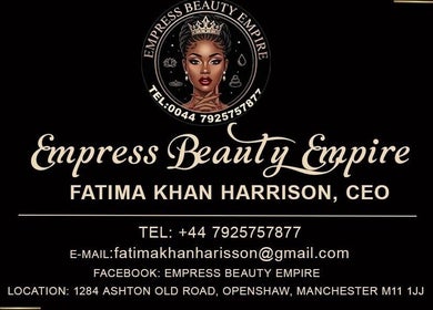 Empress Beauty Empire logo with contact details in Manchester, England, GB.