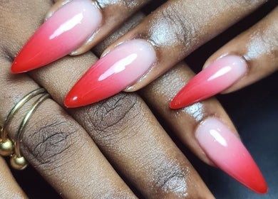 Elegant red gradient manicure at Suite 17, AATN Plaza, Bode, Bashorun, Ibadan, Oyo, NG.