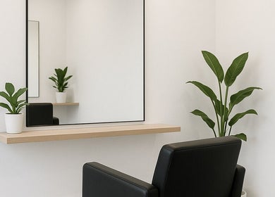 Modern salon interior with chair and mirror at 5ineStyles, Slough, England, GB.