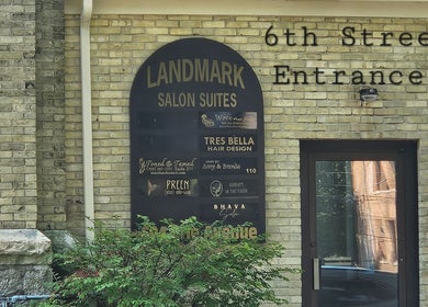 Landmark Salon Suites entrance near Arkham Hair, 6th Street, Sheboygan, Wisconsin, US.
