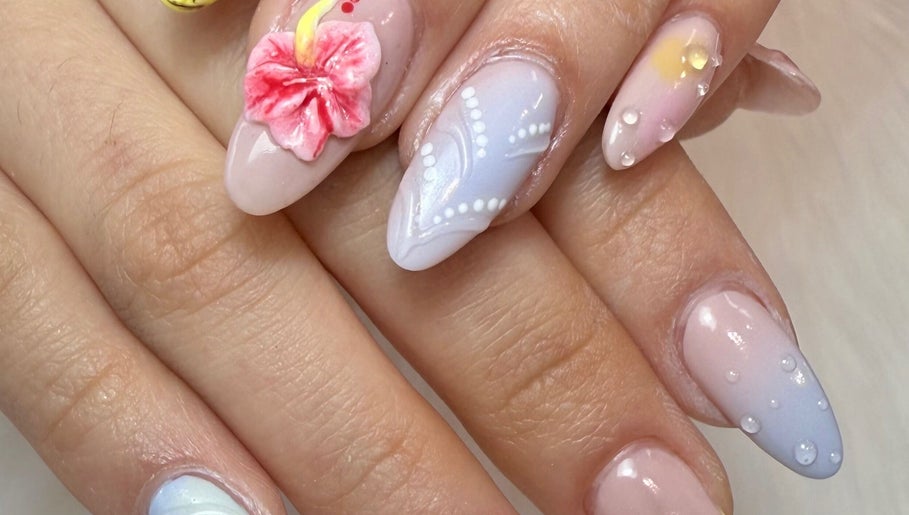 Intricate floral nail art design at Lotus Leaf Beauty Salon, Melbourne, Victoria, AU.