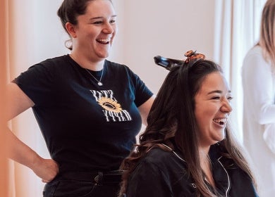Happy client receiving hairstyling at The Healing Head Spa by Amiee Lauren Hairdressing, Leighton Buzzard, England, GB.