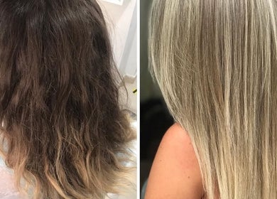 Before and after hair transformation at Glamourhair, London, England, GB showing wavy to straight blonde hair.