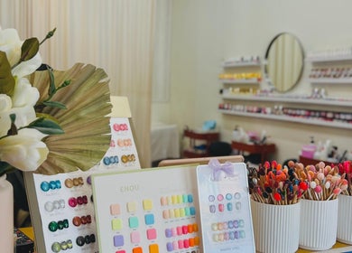Colorful nail palettes and floral decor at Mk & Co Nail, Maroubra, New South Wales, AU.
