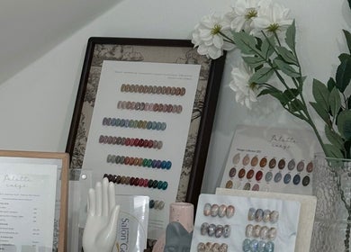 Diverse nail color palettes at Palette Carys UK in London, England, GB, showcasing vibrant beauty options.