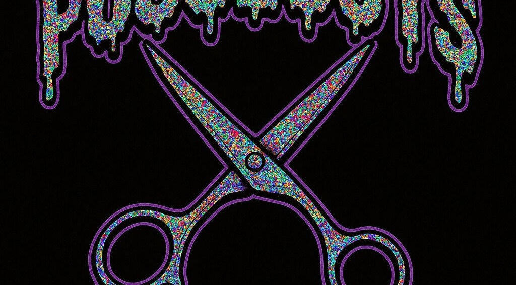 Colorful scissors and text art at Andy at Blitzkrieg Chop, Worthing, England, GB.