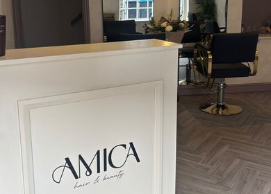 Welcome area inside Amica Hair & Beauty Thirsk featuring stylish decor in Thirsk, England, GB.