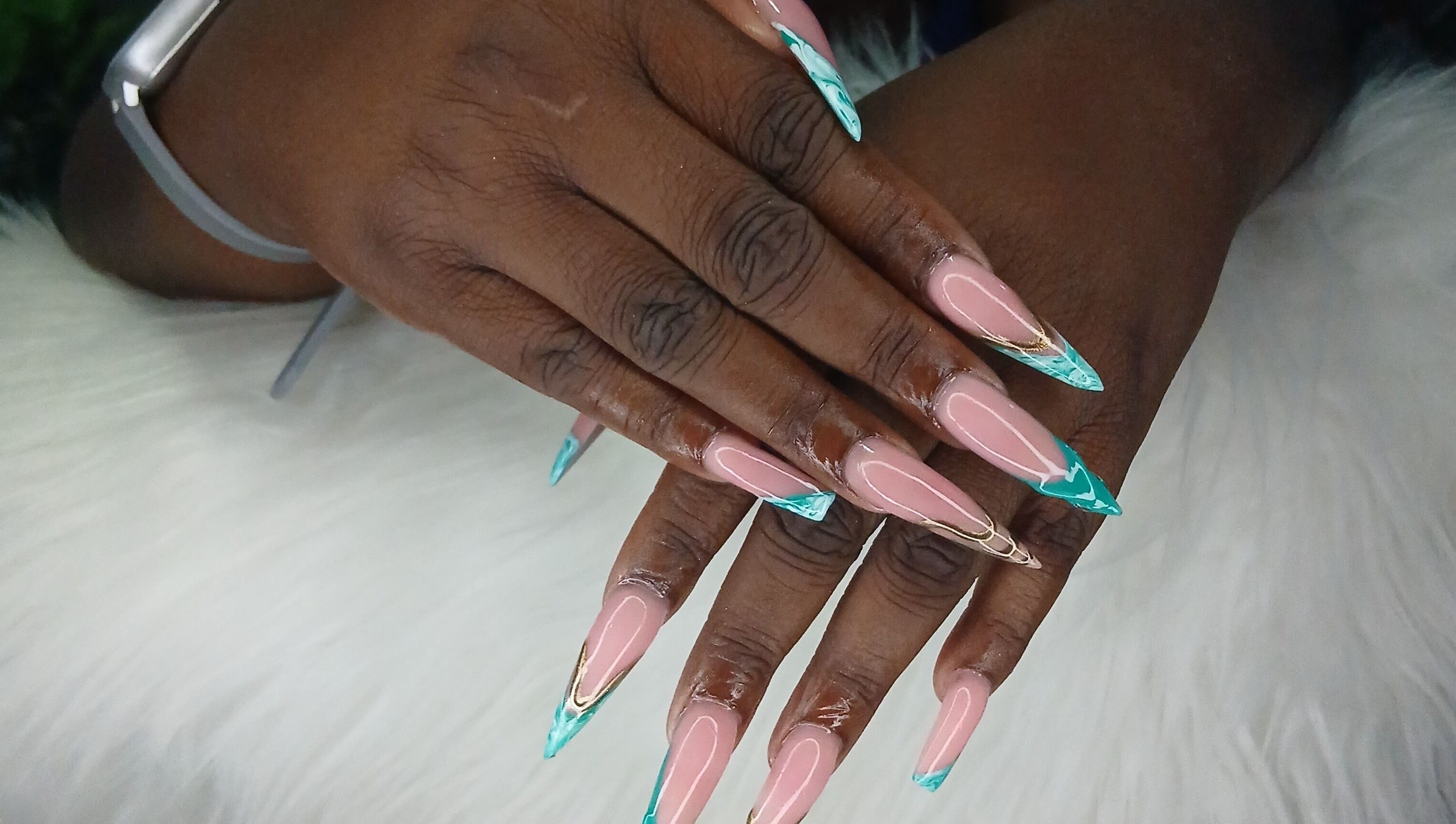 Intricate aqua and gold nail design at Zee's Beauty Studio, Porey Spring, Saint Thomas, BB.