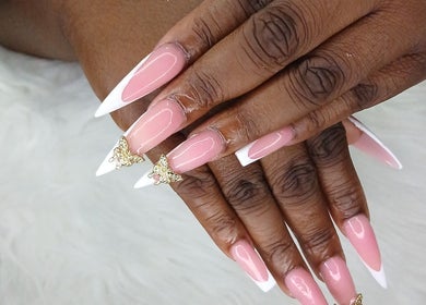 Elegant pink and white French manicure at Zee's Beauty Studio, Porey Spring, Saint Thomas, BB.