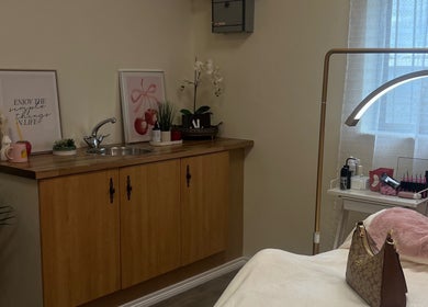 Cozy interior of Eves Lash Studio in Portadown, Northern Ireland, GB featuring a stylish sink and decor.