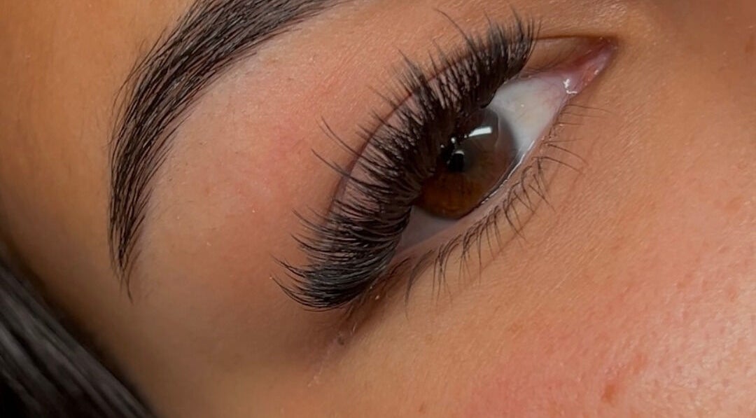Close-up of beautiful eyelash extensions at Lashedby.Carissa in Beaumont, California, US.