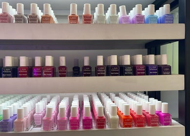 Colorful nail polish display at Nail Studio By Wafaa Matar, Zalqa, Mount Lebanon Governorate, LB.