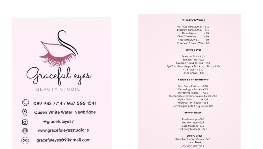 Gracefuleyes Beauty Studio services and contact details brochure in Newbridge, County Kildare, IE.