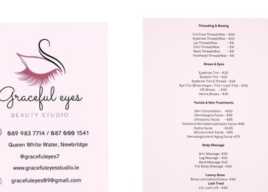 Gracefuleyes Beauty Studio services and contact details brochure in Newbridge, County Kildare, IE.