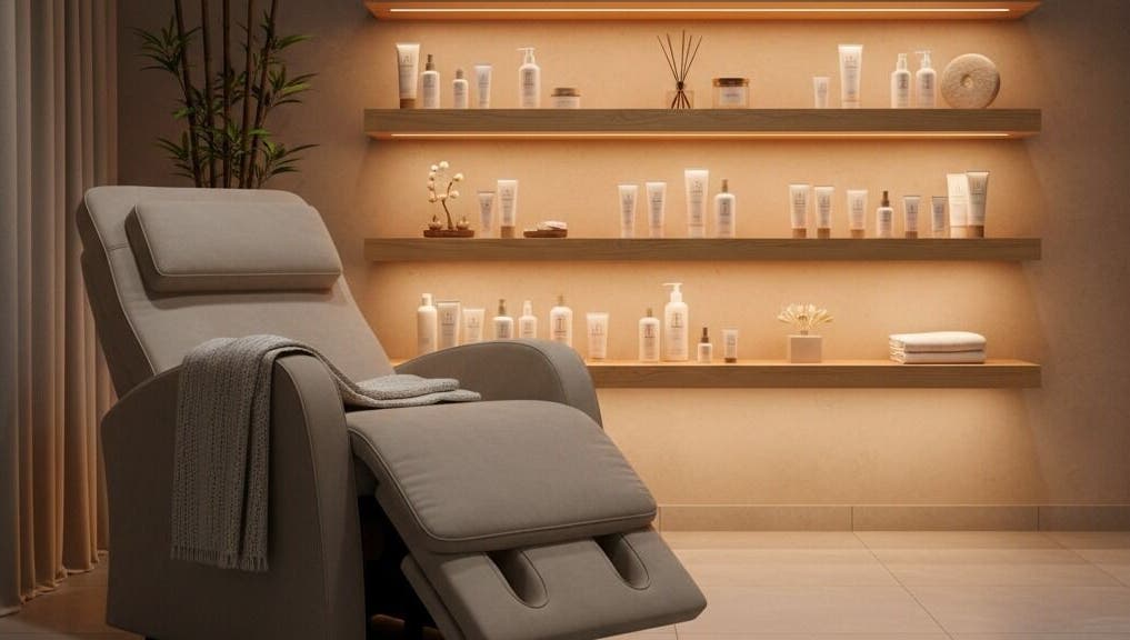 Poltrona spa elegante presso Nualè beauty, San Marcellino, con scaffali di prodotti benessere.