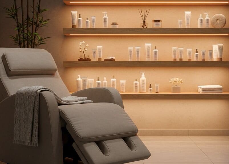 Poltrona spa elegante presso Nualè beauty, San Marcellino, con scaffali di prodotti benessere.