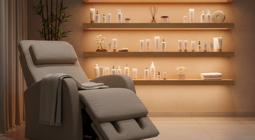 Poltrona spa elegante presso Nualè beauty, San Marcellino, con scaffali di prodotti benessere.