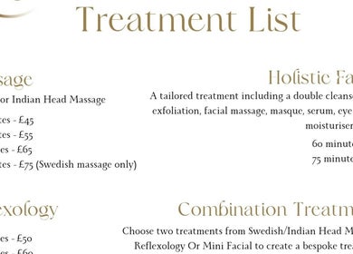 Treatment list at Thyme to Unwind Therapies in Gloucester, England, GB, showcasing massage and facial options.
