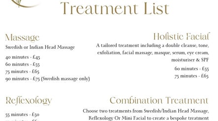 Treatment list at Thyme to Unwind Therapies in Gloucester, England, GB, showcasing massage and facial options.