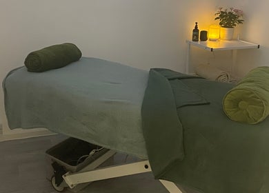 Calming massage bed setup at Zoë-Erika Massage and Reiki, Haywards Heath, England, GB.