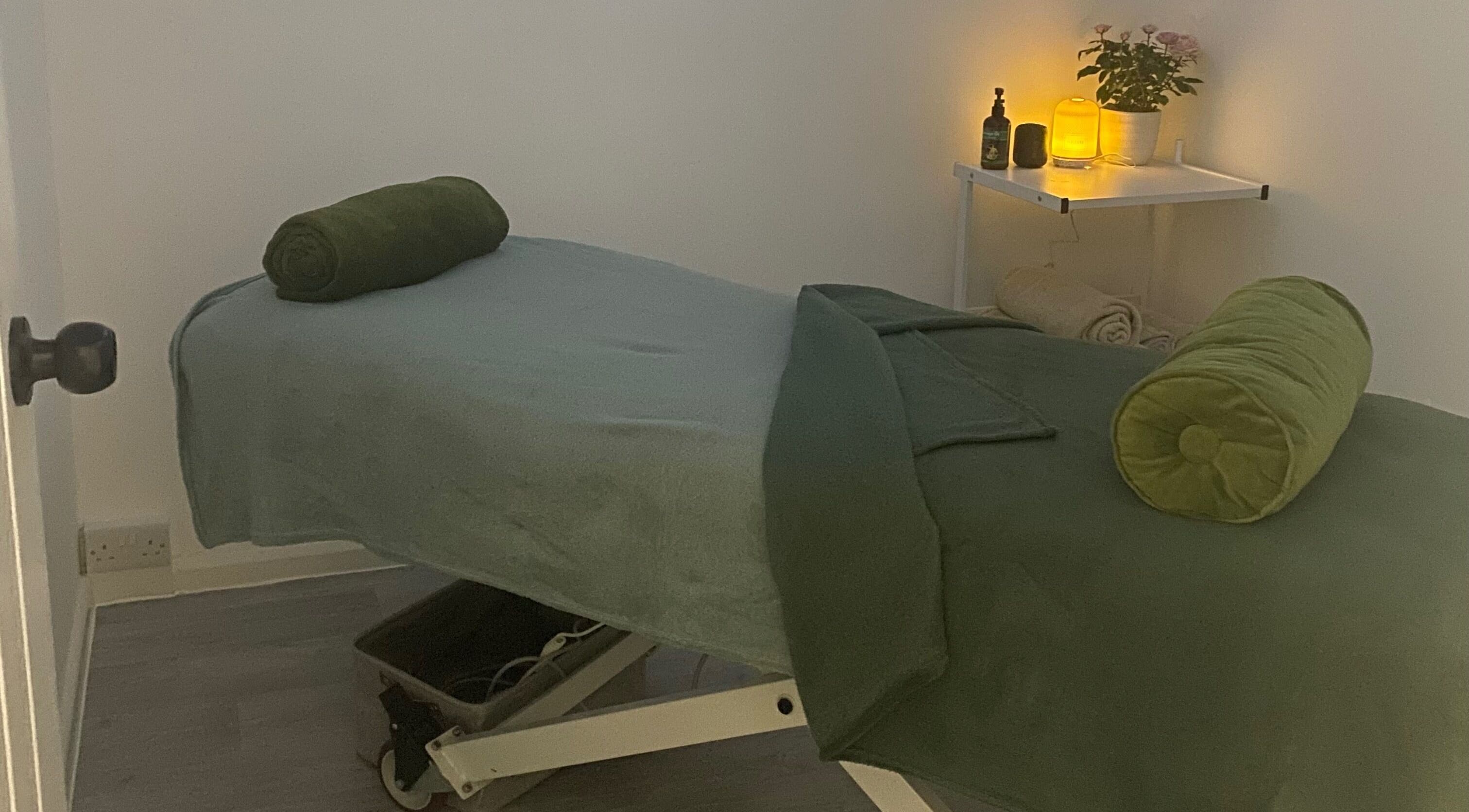 Calming massage bed setup at Zoë-Erika Massage and Reiki, Haywards Heath, England, GB.