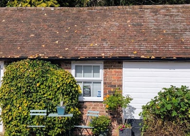 Exterior view of Zoë-Erika Massage and Reiki in Haywards Heath, England, GB, showcasing lush plants and rustic charm.