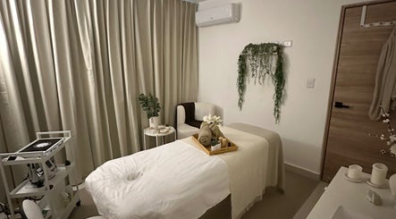 Relaxing spa room at Essenza in Licey Al Medio, Santiago, DO featuring a massage table and elegant decor.