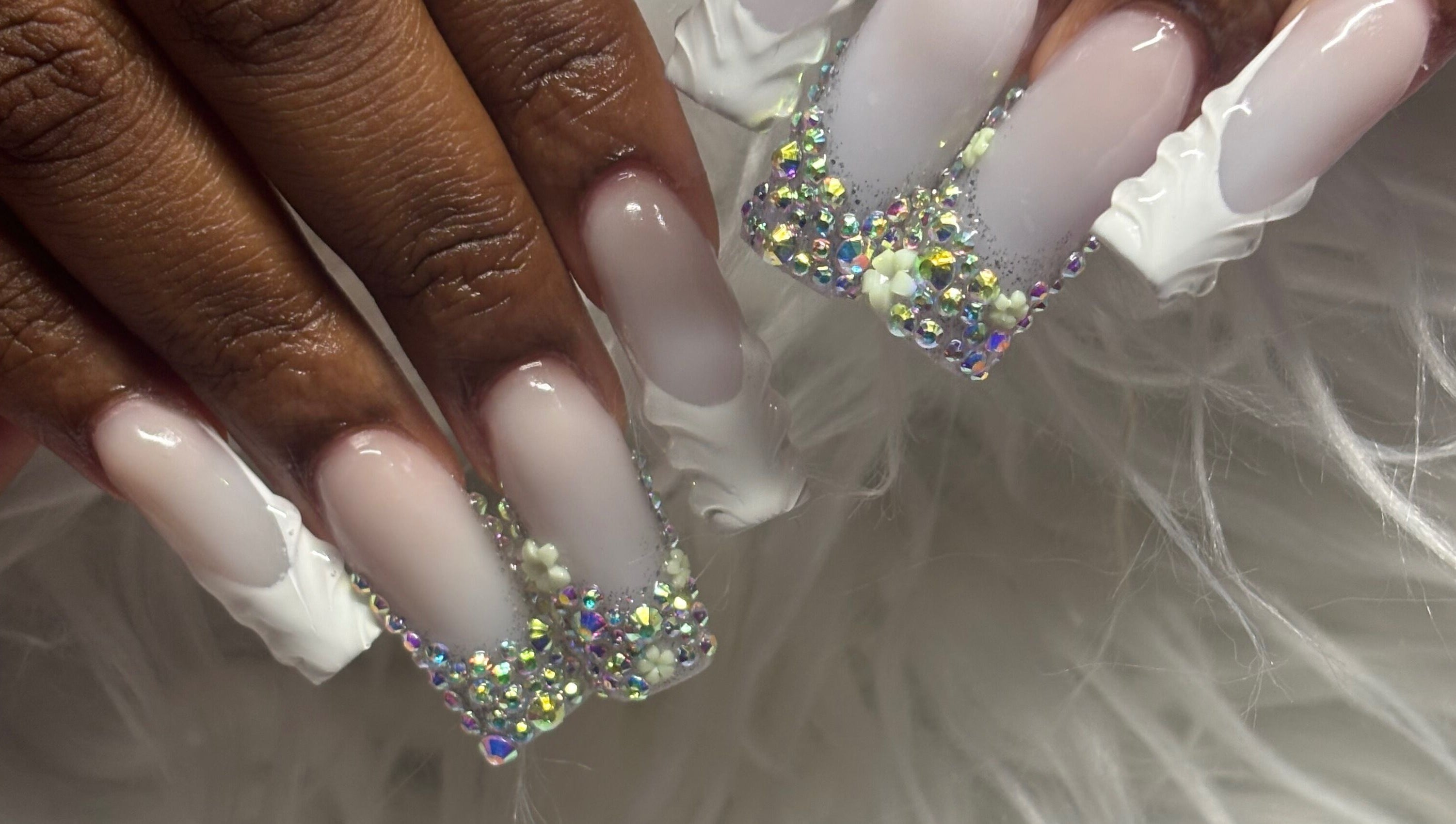 Intricate crystal nail art at TayTips, Montego Bay, St. James Parish, JM exemplifies elegance.
