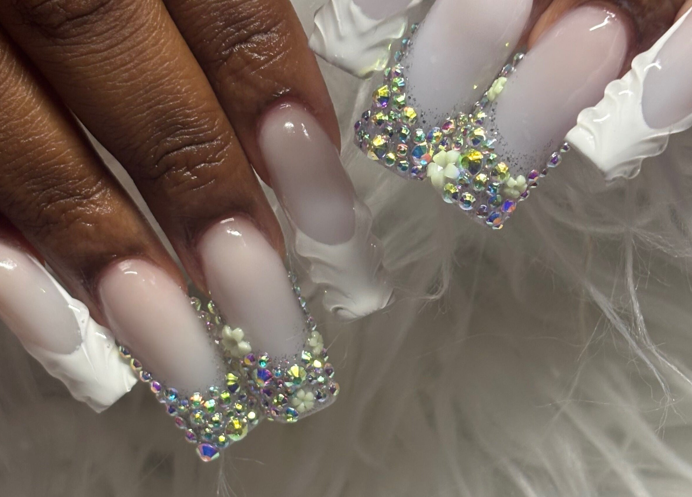 Intricate crystal nail art at TayTips, Montego Bay, St. James Parish, JM exemplifies elegance.