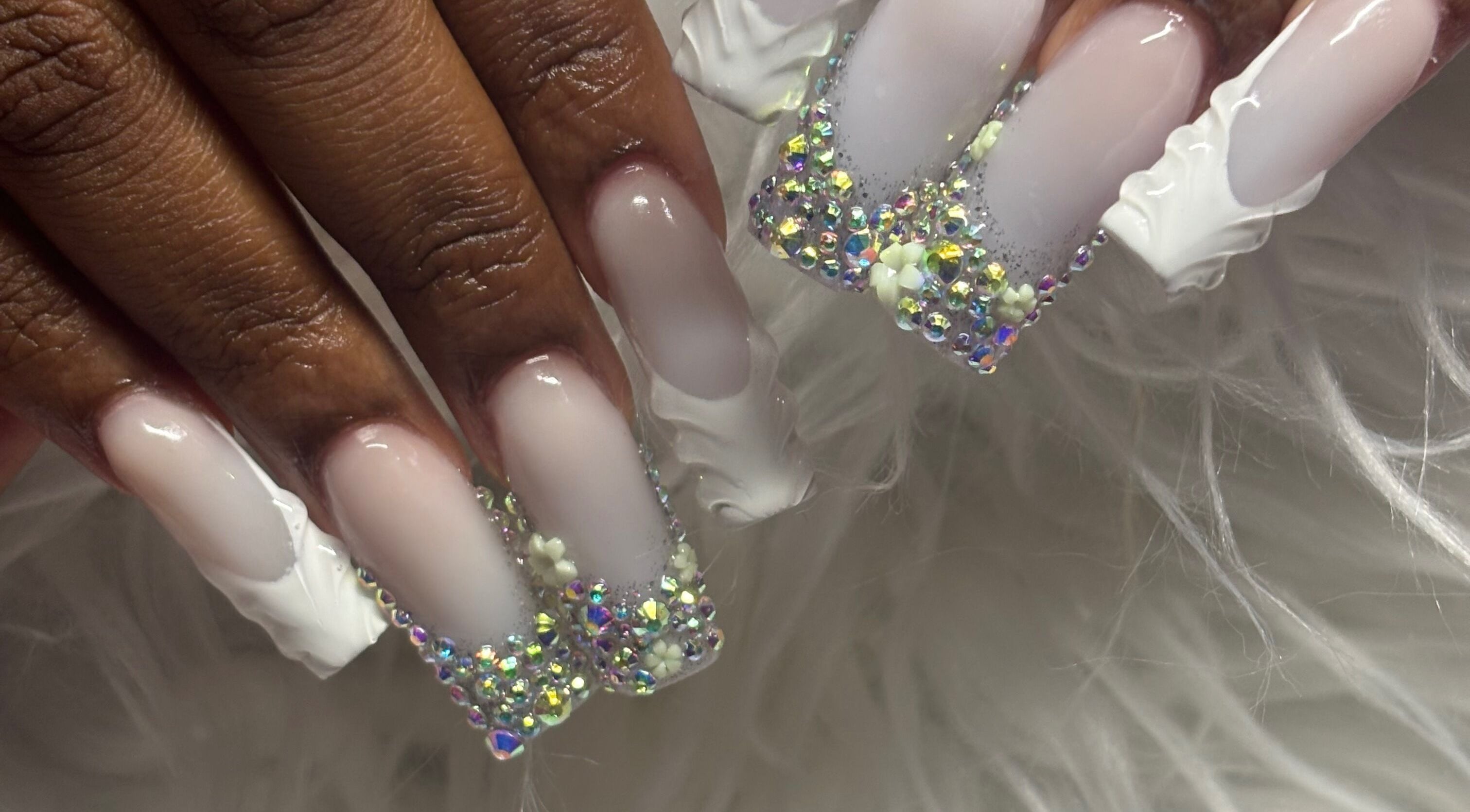 Intricate crystal nail art at TayTips, Montego Bay, St. James Parish, JM exemplifies elegance.