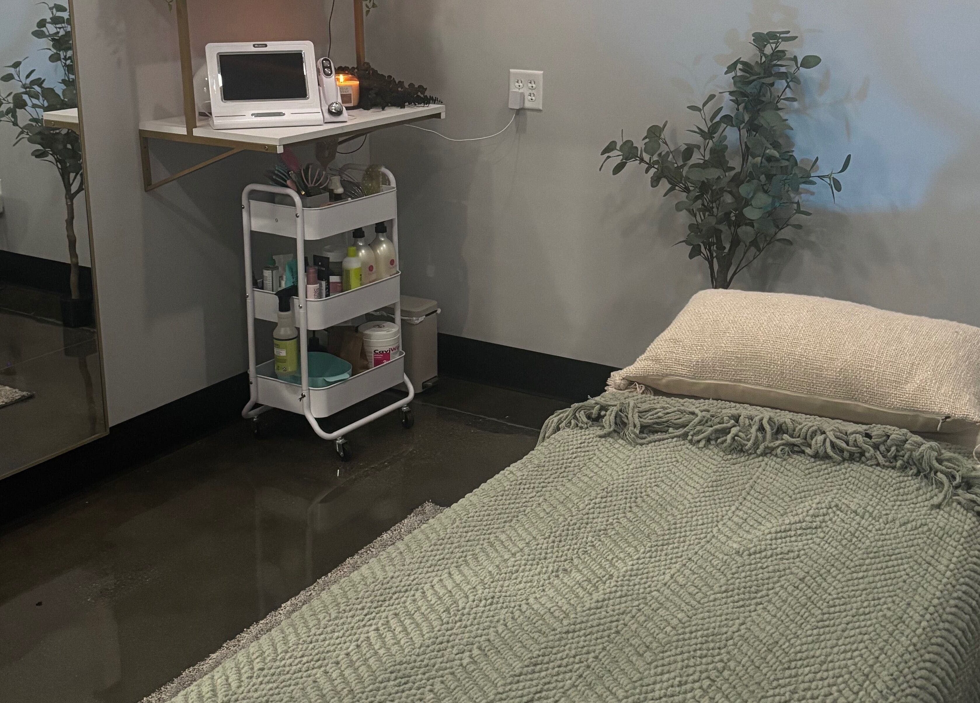 Tranquil treatment room at Bright & Blissful, Brunswick, Georgia, US. Cozy bed with soft lighting and decor.