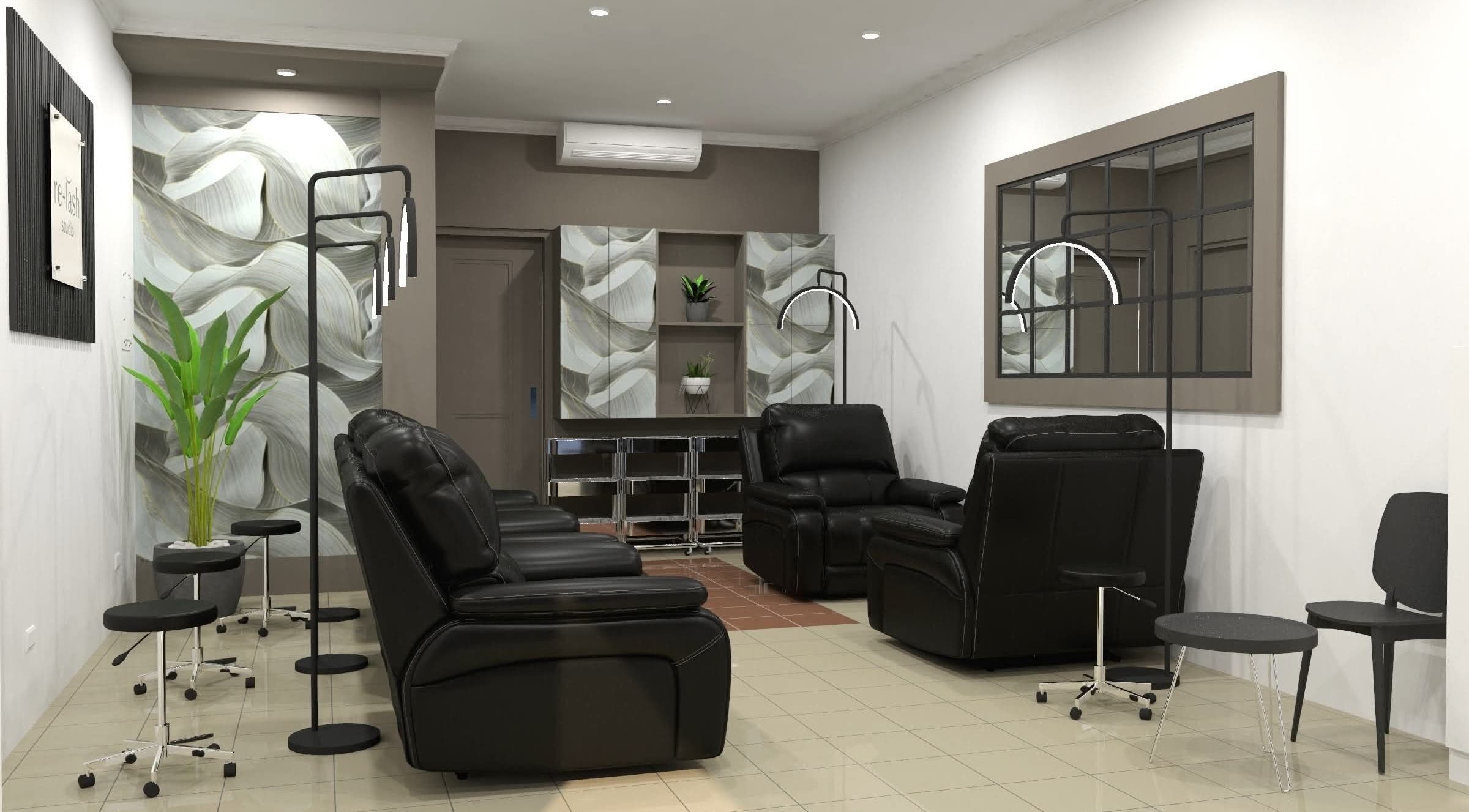 Relaxing lounge at Relash Eyelash Studio, Quezon City, Metro Manila, PH with plush seating and stylish decor.