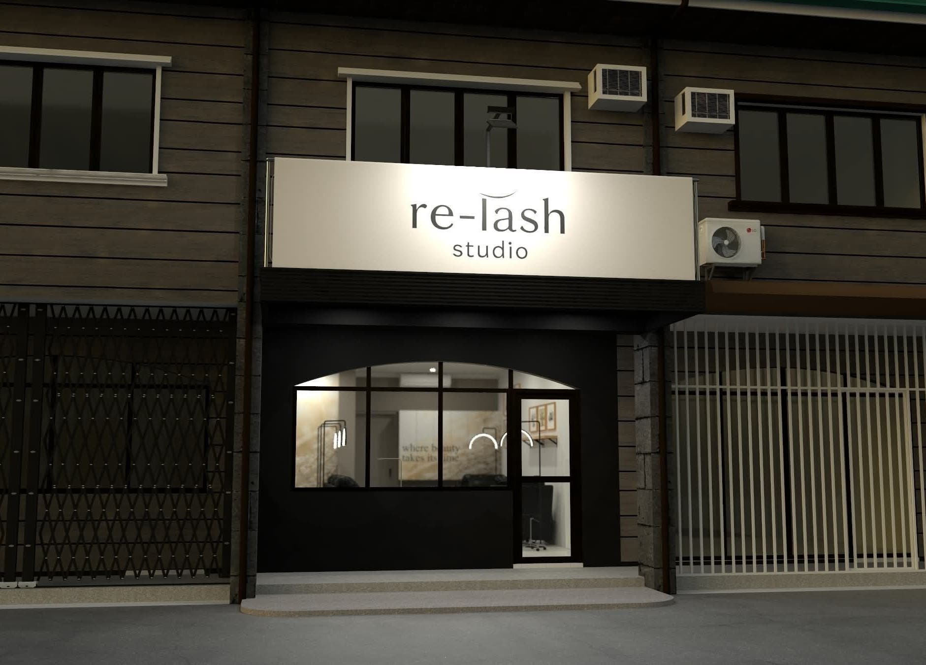 Front exterior of Relash Eyelash Studio in Quezon City, Metro Manila, PH at night.