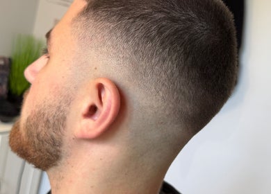 Close-up of a sleek fade haircut at Beau Brims, Copthorne, England, GB. Modern barbering perfection.