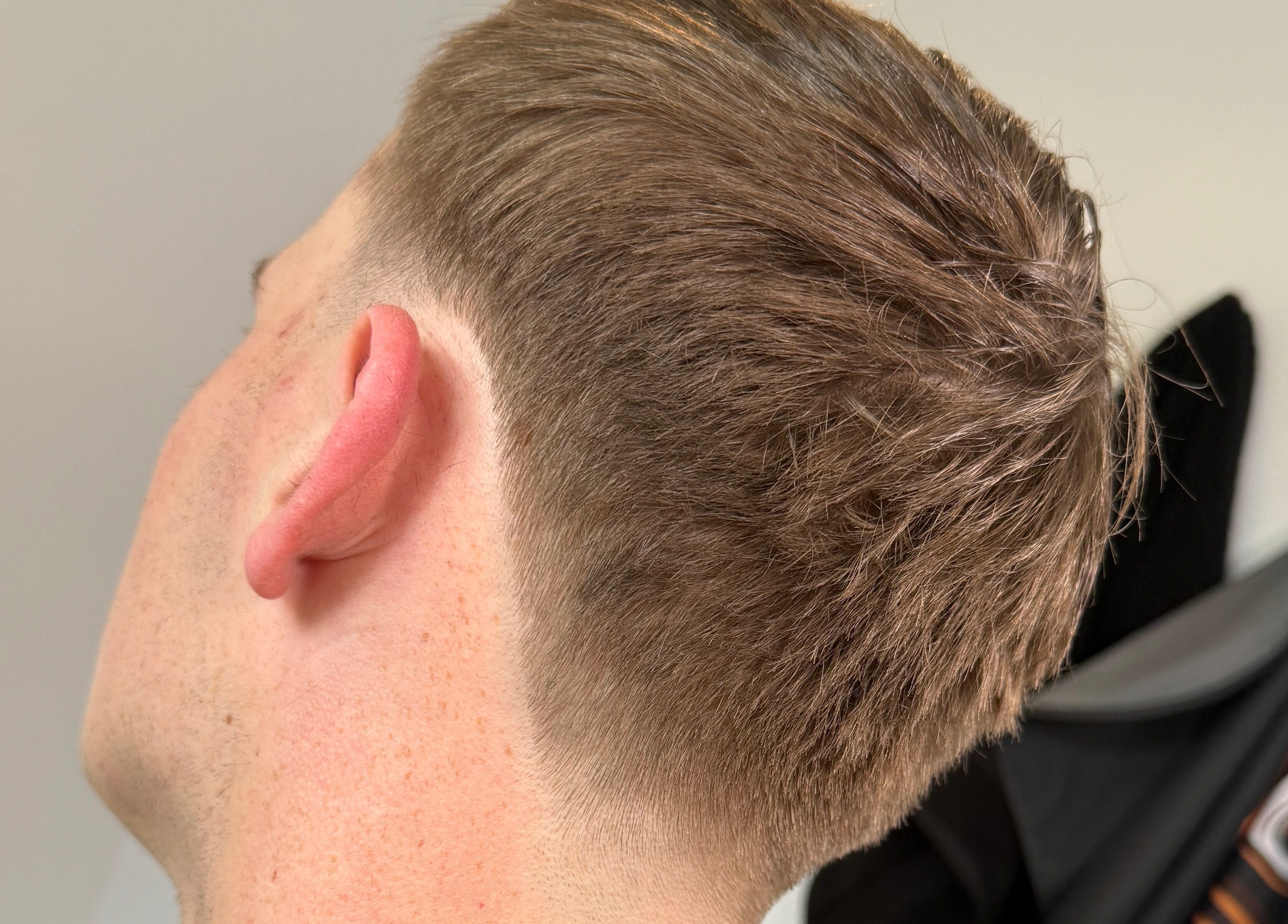 Close-up of a fresh haircut at Beau Brims in Copthorne, England, GB showcasing expert styling.