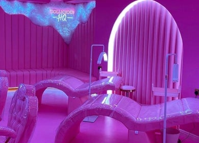 Luxurious pink spa interior at byhollymay, Conisbrough, England, GB, showcasing modern relaxation.