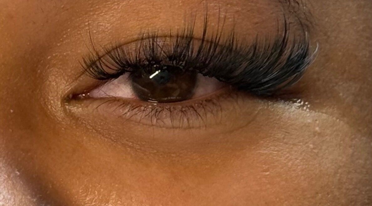Close-up of a beautifully enhanced eye with eyelash extensions at Gleam By Molly, Evesham, England, GB.