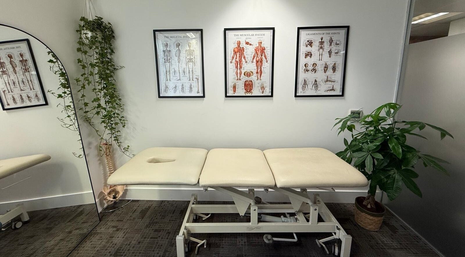 Therapy room at The Body Formulae in London, England, GB with massage table, anatomical charts, and plants.